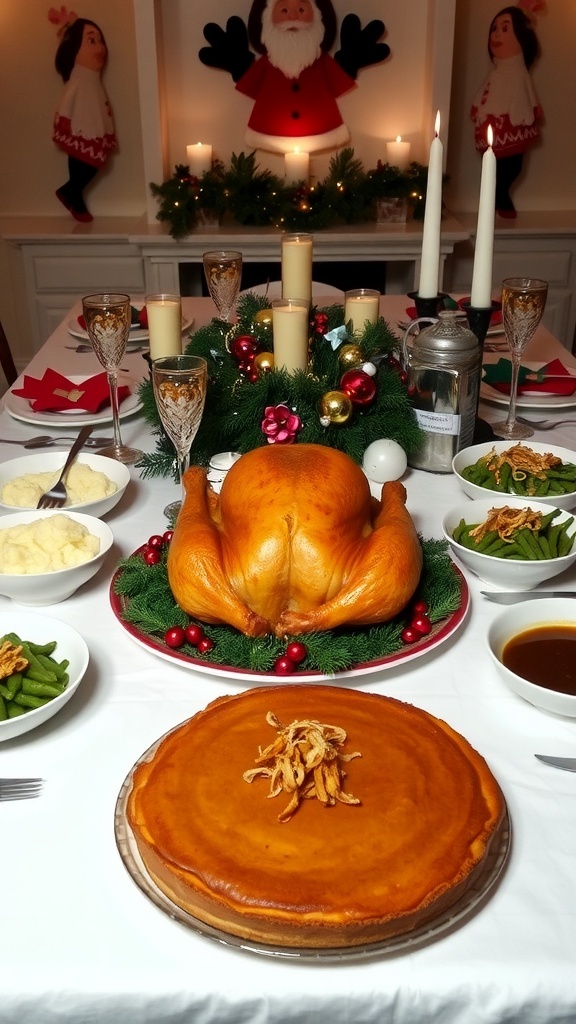 A festive Christmas dinner table with roasted turkey, mashed potatoes, green bean casserole, and pumpkin pie.